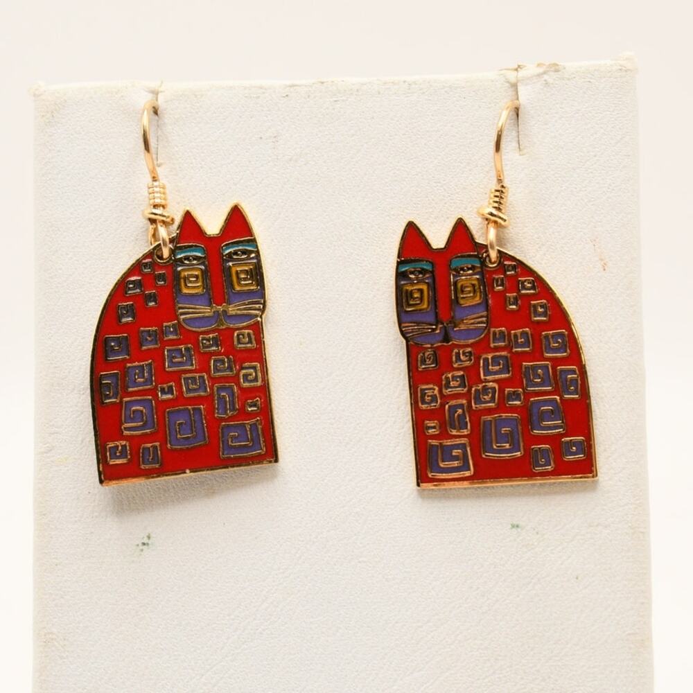 Vintage Laurel Burch Red Cat Earrings Enamel Gold Tone Signed